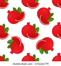 Seamless pattern with fresh bright exotic whole and chunk pomegranate with leaves on white background. Summer fruits for healthy lifestyle. Organic fruit. Vector illustration for any design.