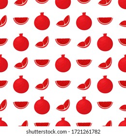 Seamless pattern with fresh bright exotic whole and chunk pomegranate with leaves on white background. Summer fruits for healthy lifestyle. Organic fruit. Vector illustration for any design.