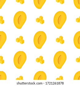 Seamless pattern with fresh bright exotic half and sliced mango isolated on white background. Summer fruits for healthy lifestyle. Organic fruit. Cartoon style. Vector illustration for any design.