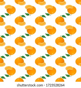 Seamless pattern with fresh bright exotic whole and slice tangerine or mandarin isolated on white background. Summer fruits for healthy lifestyle. Organic fruit. Vector illustration for any design.