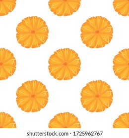 Seamless pattern with fresh bright exotic peeled tangerine or mandarin isolated on white background. Summer fruits for healthy lifestyle. Organic fruit. Vector illustration for any design.