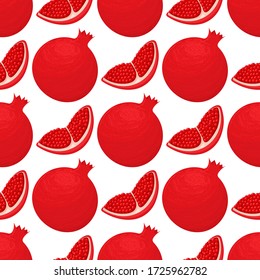Patrón sin foco con fresco brillante exótico entero y granado de fragmento con hojas sobre fondo blanco. Frutos de verano para un estilo de vida saludable. Fruta orgánica. Ilustración vectorial para cualquier diseño.