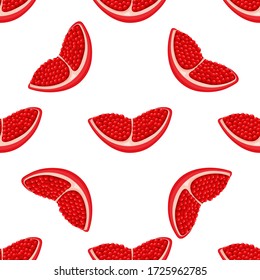 Seamless pattern with fresh bright exotic chunk pomegranate with leaves on white background. Summer fruits for healthy lifestyle. Organic fruit. Vector illustration for any design.