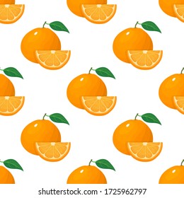 Seamless pattern with fresh bright exotic whole and slice tangerine or mandarin isolated on white background. Summer fruits for healthy lifestyle. Organic fruit. Vector illustration for any design.