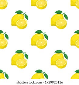 Seamless pattern with fresh bright exotic whole and half lemon fruit on white background. Summer fruits for healthy lifestyle. Organic fruit. Cartoon style. Vector illustration for any design.