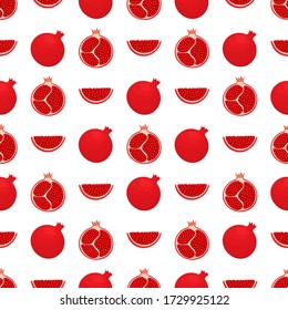 Patrón sin foco con fresco brillante exótico entero y granado de fragmento con hojas sobre fondo blanco. Frutos de verano para un estilo de vida saludable. Fruta orgánica. Ilustración vectorial para cualquier diseño.