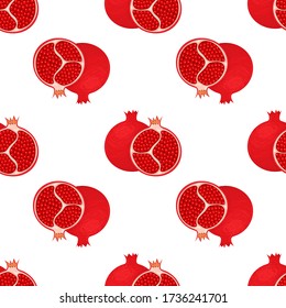 Patrón sin foco con fresco brillante exótico entero y medio granado con hojas sobre fondo blanco. Frutos de verano para un estilo de vida saludable. Fruta orgánica. Ilustración vectorial para cualquier diseño.
