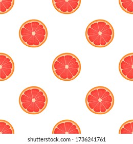 Seamless pattern with fresh bright exotic half cut grapefruit isolated on white background. Summer fruits for healthy lifestyle. Organic fruit. Cartoon style. Vector illustration for any design.