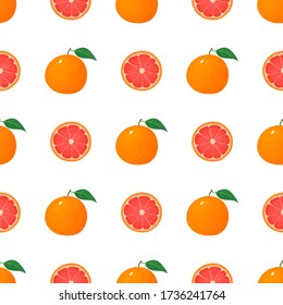 Patrón sin foco con fresco brillante exótico entero y medio pomelo aislado sobre fondo blanco. Frutos de verano para un estilo de vida saludable. Fruta orgánica. Estilo de caricatura. Ilustración vectorial para cualquier diseño.
