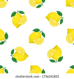 Seamless pattern with fresh bright exotic whole and cut slice lemon fruit on white background. Summer fruits for healthy lifestyle. Organic fruit. Cartoon style. Vector illustration for any design.