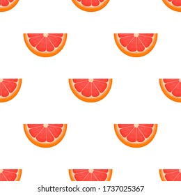 Seamless pattern with fresh bright exotic cut slice grapefruit isolated on white background. Summer fruits for healthy lifestyle. Organic fruit. Cartoon style. Vector illustration for any design.