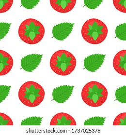 Seamless pattern with fresh bright exotic whole strawberries and leaves on white background. Summer fruits for healthy lifestyle. Organic fruit. Cartoon style. Vector illustration for any design.