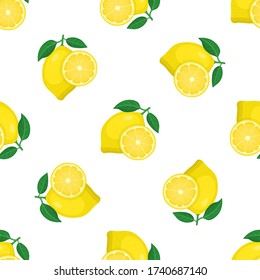 Seamless pattern with fresh bright exotic whole and half lemon fruit on white background. Summer fruits for healthy lifestyle. Organic fruit. Cartoon style. Vector illustration for any design.
