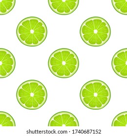 Seamless pattern with fresh bright exotic cut slice lime fruit on white background. Summer fruits for healthy lifestyle. Organic fruit. Cartoon style. Vector illustration for any design.
