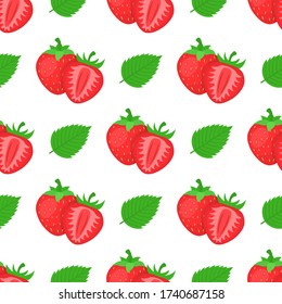 Seamless pattern with fresh bright exotic whole, half strawberries and leaves on white background. Summer fruits for healthy lifestyle. Organic fruit. Vector illustration for any design.