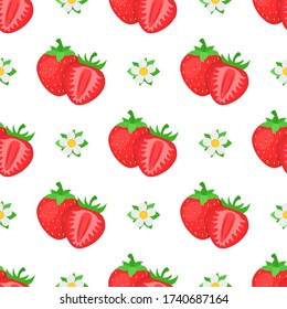 Seamless pattern with fresh bright exotic whole and half strawberries with flowers on white background. Summer fruits for healthy lifestyle. Organic fruit. Vector illustration for any design.