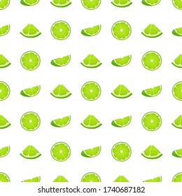 Seamless pattern with fresh bright exotic half and cut slice lime fruit on white background. Summer fruits for healthy lifestyle. Organic fruit. Cartoon style. Vector illustration for any design.