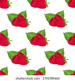 Seamless pattern with fresh bright exotic whole raspberries with leaves on white background. Summer fruits for healthy lifestyle. Organic fruit. Cartoon style. Vector illustration for any design.