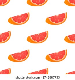 Patrón sin foco con pomelo de corte exótico fresco y brillante aislado sobre fondo blanco. Frutos de verano para un estilo de vida saludable. Fruta orgánica. Estilo de caricatura. Ilustración vectorial para cualquier diseño.