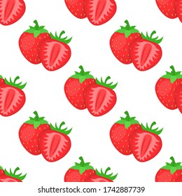 Seamless pattern with fresh bright exotic whole and half strawberries on white background. Summer fruits for healthy lifestyle. Organic fruit. Cartoon style. Vector illustration for any design.