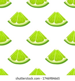Seamless pattern with fresh bright exotic cut slice lime fruit on white background. Summer fruits for healthy lifestyle. Organic fruit. Cartoon style. Vector illustration for any design.