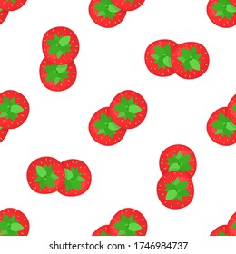Seamless pattern with fresh bright exotic whole strawberries view from above on white background. Summer fruits for healthy lifestyle. Organic fruit. Cartoon style. Vector illustration for any design.