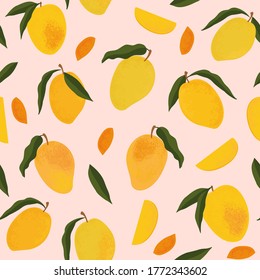 Seamless pattern with fresh bright exotic whole and sliced mango isolated on white background. Summer fruits for healthy lifestyle. Organic fruit. Cartoon style. Vector illustration for any design.