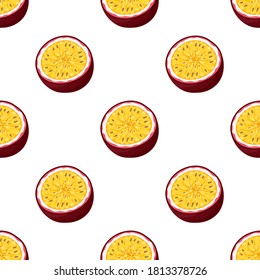 Seamless pattern with fresh bright exotic cut slice passion fruit on white background. Summer fruits for healthy lifestyle. Organic fruit. Cartoon style. Vector illustration for any design.