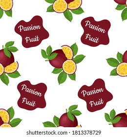 Seamless pattern with fresh bright exotic whole and cut slice passion fruit on white background. Summer fruits for healthy lifestyle. Organic fruit. Cartoon style. Vector illustration for any design.
