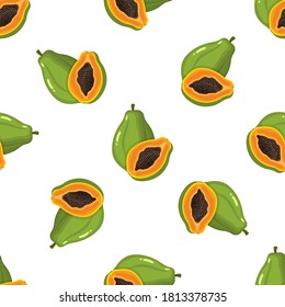 Patrón sin foco con fresco brillante exótico entero y medio fruto de papaya sobre fondo blanco. Frutos de verano para un estilo de vida saludable. Fruta orgánica. Estilo de caricatura. Ilustración vectorial para cualquier diseño.