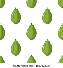 Seamless pattern with fresh bright exotic whole papaya fruit on white background. Summer fruits for healthy lifestyle. Organic fruit. Cartoon style. Vector illustration for any design.