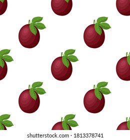 Seamless pattern with fresh bright exotic whole passion fruit on white background. Summer fruits for healthy lifestyle. Organic fruit. Cartoon style. Vector illustration for any design.