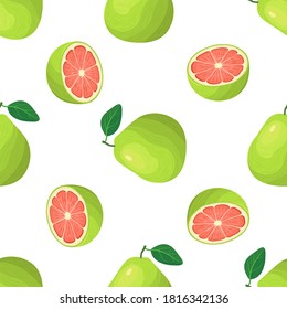 Seamless pattern with fresh bright exotic whole and cut slice pomelo fruit on white background. Summer fruits for healthy lifestyle. Organic fruit. Cartoon style. Vector illustration for any design.