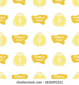 Seamless pattern with fresh bright exotic whole and cut slice pomelo fruit on white background. Summer fruits for healthy lifestyle. Organic fruit. Cartoon style. Vector illustration for any design.