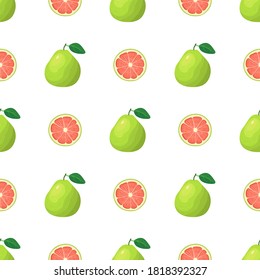 Seamless pattern with fresh bright exotic whole and cut slice pomelo fruit on white background. Summer fruits for healthy lifestyle. Organic fruit. Cartoon style. Vector illustration for any design.