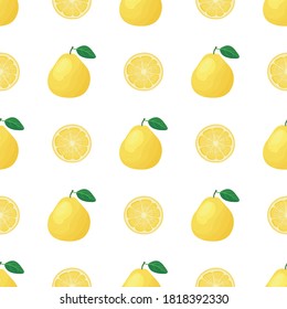 Seamless pattern with fresh bright exotic whole and cut slice pomelo fruit on white background. Summer fruits for healthy lifestyle. Organic fruit. Cartoon style. Vector illustration for any design.