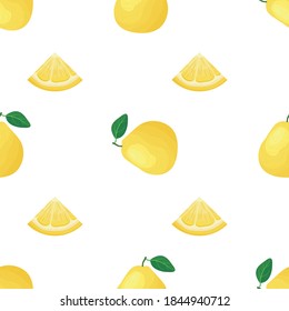 Seamless pattern with fresh bright exotic whole and cut slice pomelo fruit on white background. Summer fruits for healthy lifestyle. Organic fruit. Cartoon style. Vector illustration for any design.