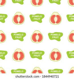 Seamless pattern with fresh bright exotic whole and cut slice pomelo fruit on white background. Summer fruits for healthy lifestyle. Organic fruit. Cartoon style. Vector illustration for any design.
