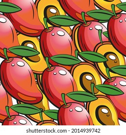 Nahtloses Muster mit frischem, hellexotischem Ganzes und geschnittenem Mango. Das Fruchtmuster. Vektorgrafik für jedes Design.