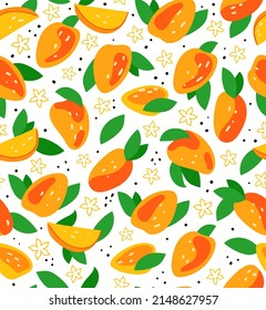 Seamless pattern with fresh bright exotic whole and sliced mango isolated on white background. Summer fruits for healthy lifestyle. Cartoon style. Vector illustration for any design.