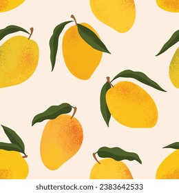 Seamless pattern with fresh bright exotic whole and sliced mango isolated on white background. Summer fruits for healthy lifestyle. Organic fruit. Cartoon style. Vector illustration for any design.