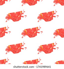 Seamless pattern with fresh bright grapefruit juice splash burst isolated on white background. Summer fruit juice. Cartoon style. Vector illustration for any design.