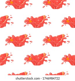 Seamless pattern with fresh bright grapefruit juice splash burst isolated on white background. Summer fruit juice. Cartoon style. Vector illustration for any design.