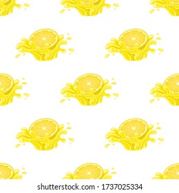 Seamless pattern with fresh bright lemon juice splash burst isolated on white background. Summer fruit juice. Cartoon style. Vector illustration for any design.