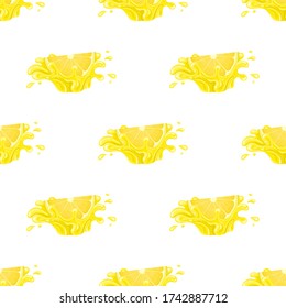 Seamless pattern with fresh bright lemon juice splash burst isolated on white background. Summer fruit juice. Cartoon style. Vector illustration for any design.