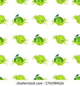 Seamless pattern with fresh bright lime juice splash burst isolated on white background. Summer fruit juice. Cartoon style. Vector illustration for any design.