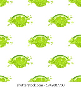 Seamless pattern with fresh bright lime juice splash burst isolated on white background. Summer fruit juice. Cartoon style. Vector illustration for any design.