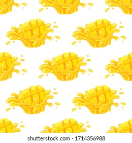 Seamless pattern with fresh bright mango juice splash burst isolated on white background. Summer fruit juice. Cartoon style. Vector illustration for any design.