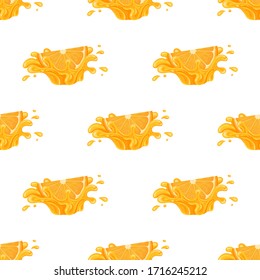 Seamless pattern with fresh bright orange, mandarin or tagerine juice splash burst isolated on white background. Summer fruit juice. Cartoon style. Vector illustration for any design.