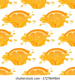 Patrón sin foco con jugo fresco de naranja brillante, mandarina o tagerina, salpicado por un fondo blanco. Zumo de fruta de verano. Estilo de caricatura. Ilustración vectorial para cualquier diseño.